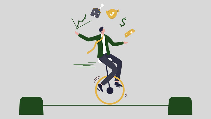 An illustration of a person riding a unicycle juggling icons including money, graphs, and other business related things.