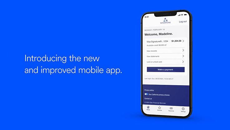 On a bright blue background is a mobile phone with the homepage of a mobile banking app. To the left of the phone is text that reads "introducing th enew and improved mobile app."